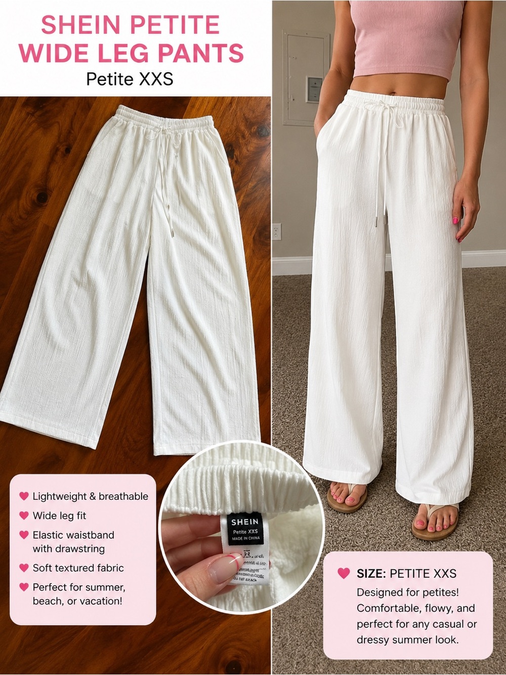 SHEIN White Petite Wide-Leg Drawstring Pants